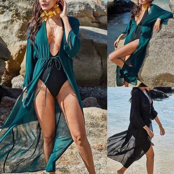 

women casual beach cover-ups sleeve ankle length solid color polyester patchwork chiffon sling kimono bathing suit cover up