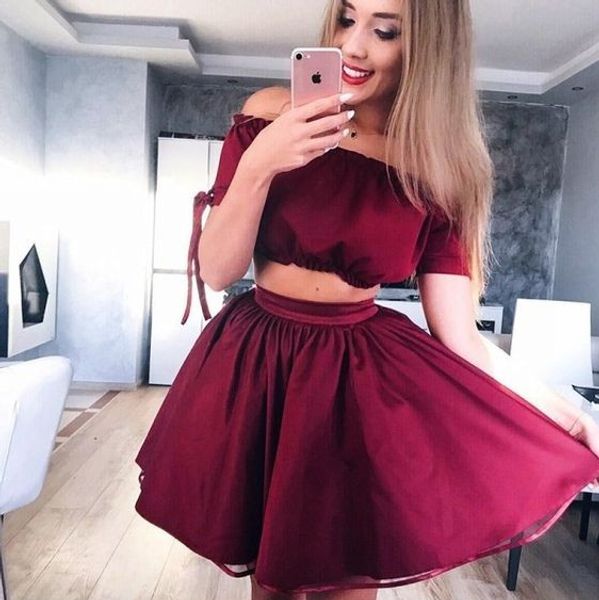 

cute short graduation party dresses with sleeves two pieces a line off shoulders pleated short homecoming prom dress, Blue;red