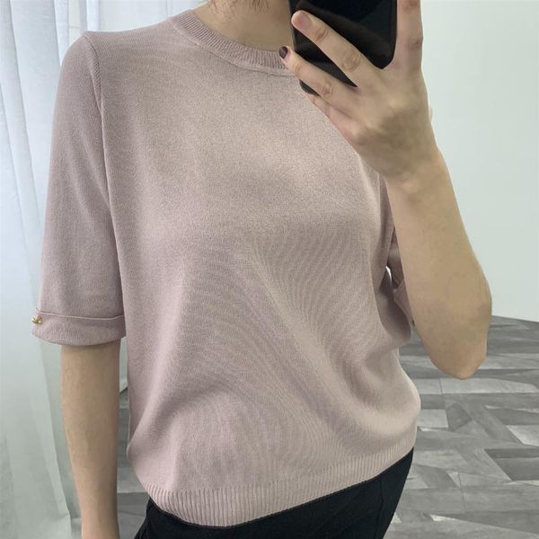 

j291 spring classic women elegant solid color o neck knitted thin half sleeve sweater t-shirt tee, White