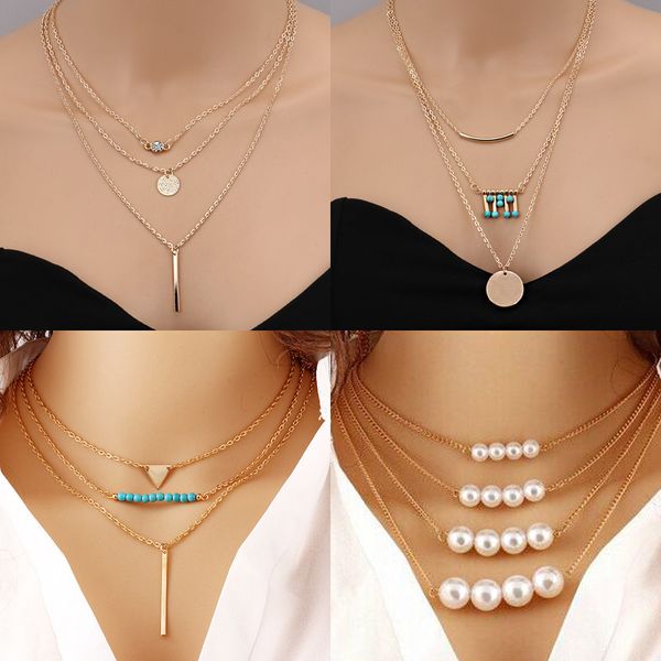 

панк бифштексы камнеобрабатывающих шарики сердце якорные симулированная жемчужные ожерелья подвеска для женщин многослойной партии ювелирных, Golden;silver