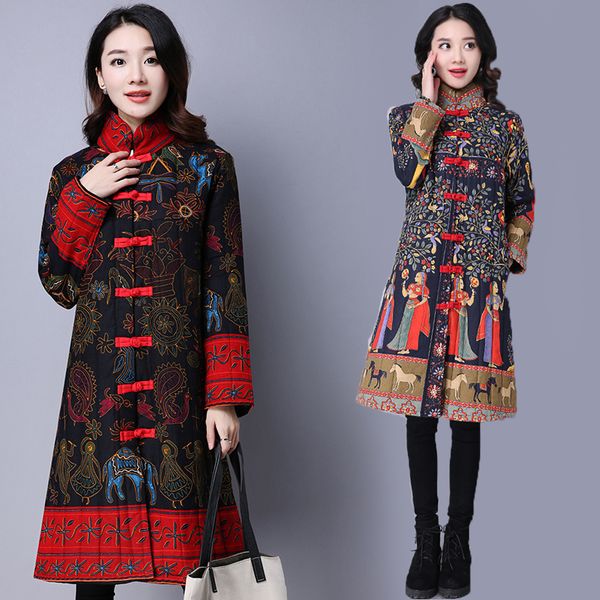

chinese style stand collar winter coat woman 2019 fashion flower printed cotton loose coat female national style big size a1004, Black