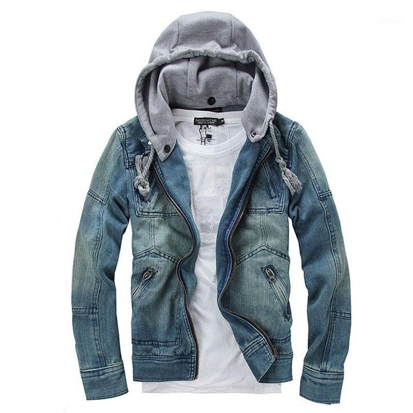 

men's jackets wholesale- denim jacket men hooded jean streetwear slim fit vintage mens and coat outdoors jeans clothing plus size 4xl 5, Black;brown