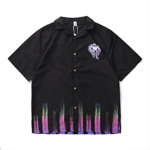 

fashion summer men creative print turn-down collar loose short sleeve shirt blouse men shirt 2020 summer new arrivals, White;black
