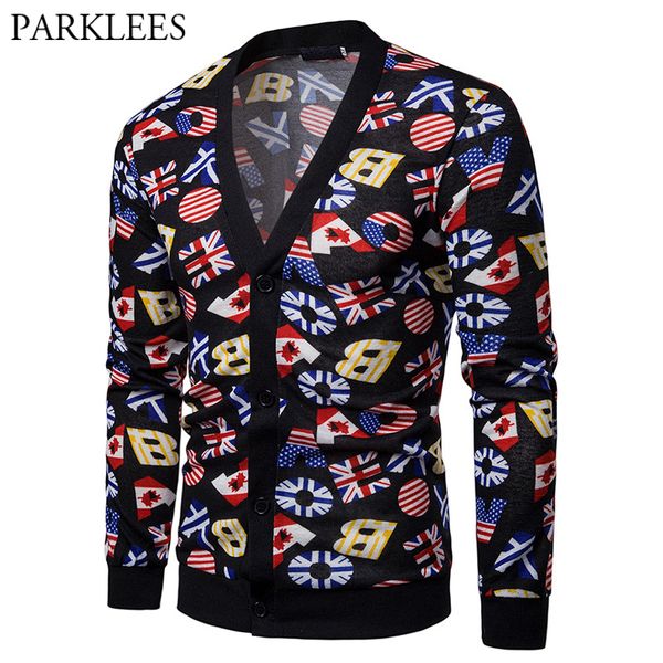 

casual letter flag print cardigan sweater men casual slim fit v neck black knit sweaters ugly us and eu printed pull homme hiver, White;black