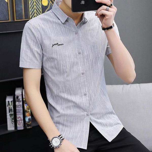 

2019 pretend repair the body national tide lapel men's style barber no fade stripe shirts short sleeve shirt, White;black