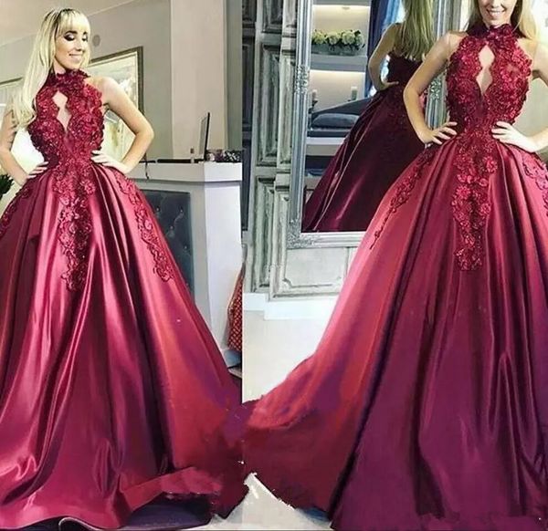 

burgundy beaded appliques high neck evening dresses long lace appliqued ball gowns formal party gowns satin pageant prom dresses n12, Black;red