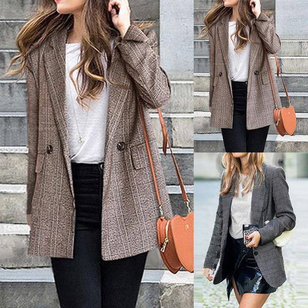 

fashion women casual loose long sleeve plaid print button pocket coat |#3u12, Black;brown