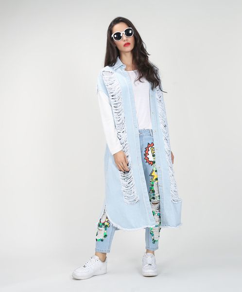 

twotwinstyle ripper hole denim trench coats women autumn winter long sleeve jeans big size women's windbreaker overcoat clothes, Tan;black