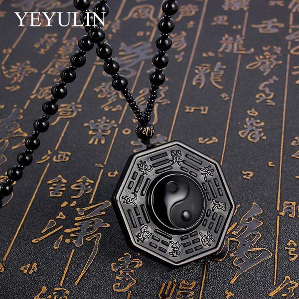 

vintage style black obsidian taiji gossip pendant necklace yin yang bead chain necklace jewelry for woman men, Silver