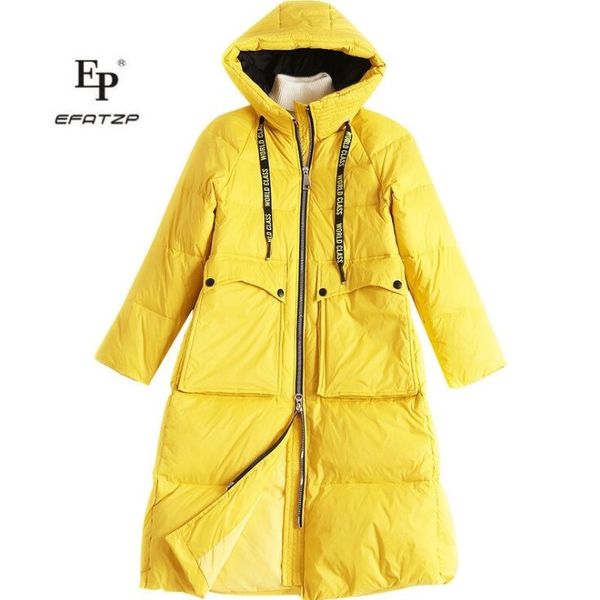 

efatzp new listing winter women white duck down jacket hooded solid long thick warm coats yellow outerwear, Black