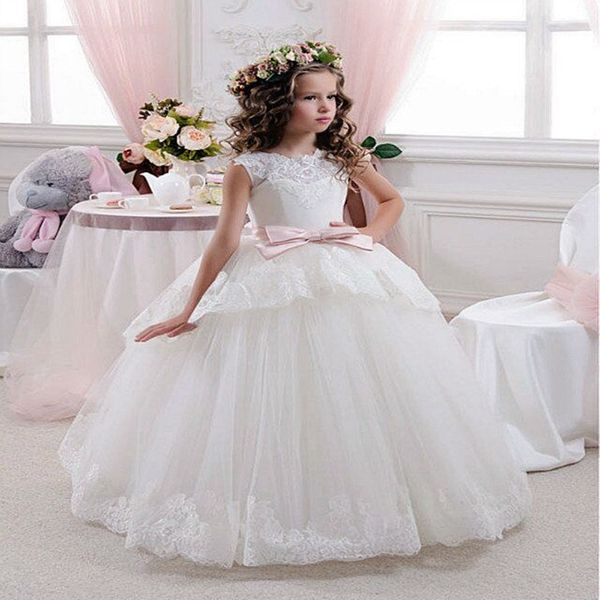 

flower girls dresses white ivory lace applique sleeveless gown floor length first communion princess fluffy dresses, Red;yellow