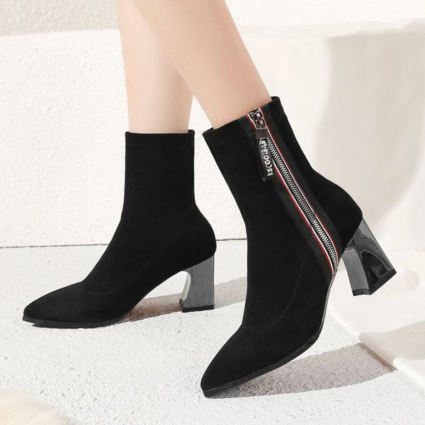 

ankle boots women faux suede square high heels stretch boots fashion pointed toe zipper autumn winter female shoes black
