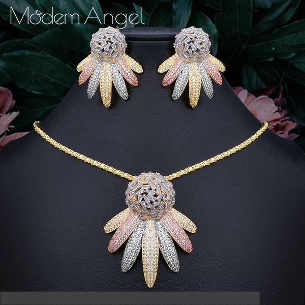 

modemangel trendy wedding 2pcs necklace earring sets for women accessories full cubic zirconia earrings jewelry, Silver