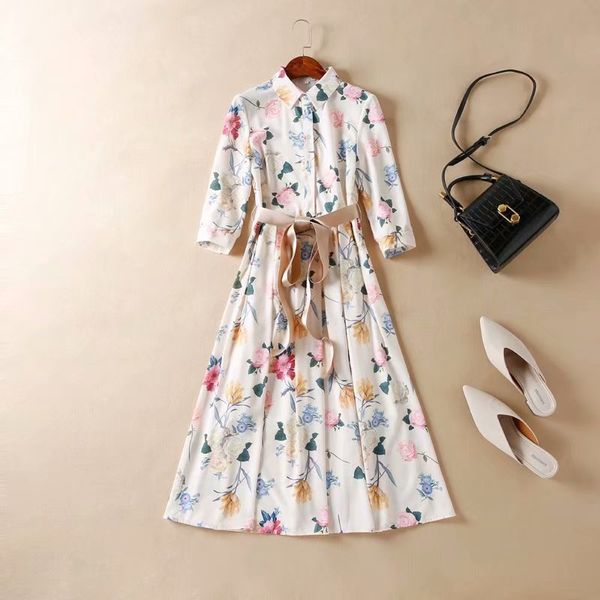

european and american women's clothing 2019 summer new style floral print lace-up three-quarter sleeve lapels dress, Black;gray