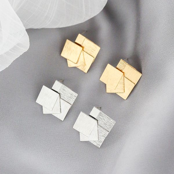 

s925 silver needle european and american simple ins square stack earrings personality trendy multilayer geometric earring female, Golden;silver