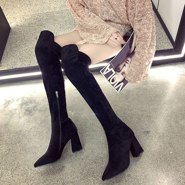 

woman long boots pointed knee high boots square heels metal heel high heeled pointy keep warm in winter thin wool, Black