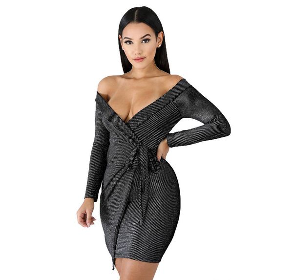 bodycon off shoulder dress with plunging neckline