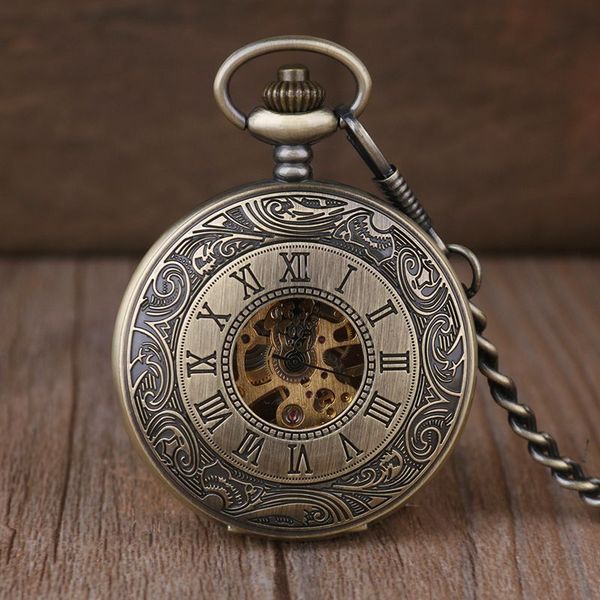 

vintage bronze pocket watch 6 pieces skeleton mechanical fob watch roman numbers pendant unisex, Slivery;golden