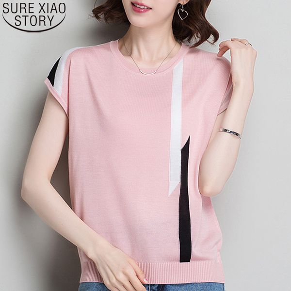 

2020 summer ice silk blouses women loose o-neck korean shirts fashion casual thin short sleeve soft knitted shirt 9762, White