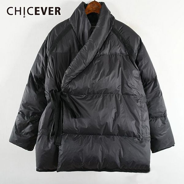 

chicever vintage lace up winter parkas women stand collar long sleeve oversize loose warm cotton coats female 2019 fashion new, Black