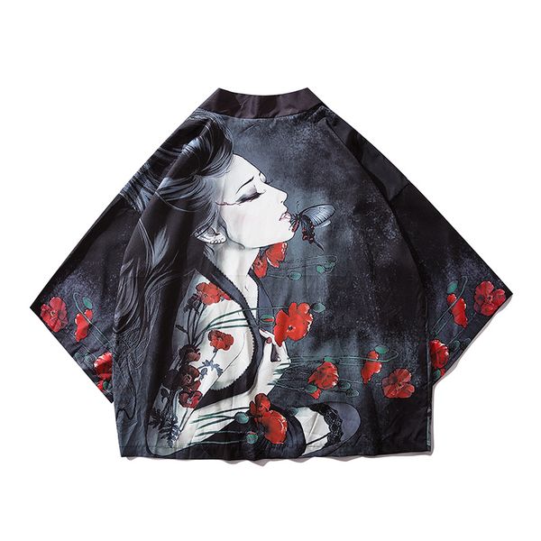 

японский streetwear кимоно рубашки куртки hip hop harajuku sexy girl printed цветочные рубашки vintage сыпучие кардиган моды, White;black