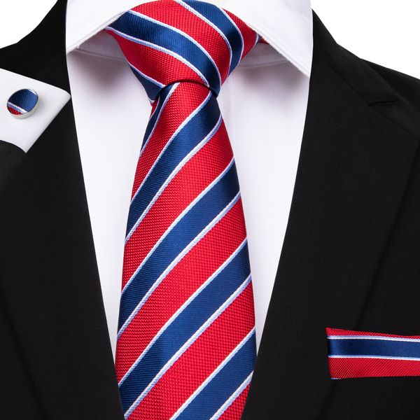 

europe warehouse silk tie set blue red striped men's classic jacquard woven necktie pocket square cufflinks wedding business n-7070, Black;blue