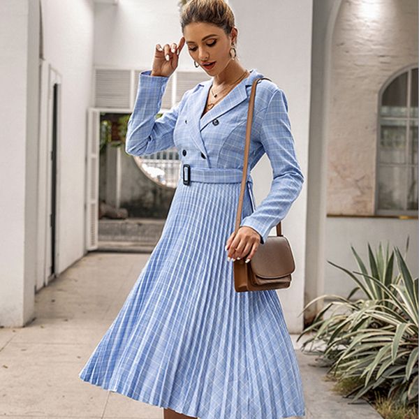 

casual dresses winter dress pleated belt plaid a-line luxury vintage women office blazer long ladies autumn midi party shirt sexy, Black;gray