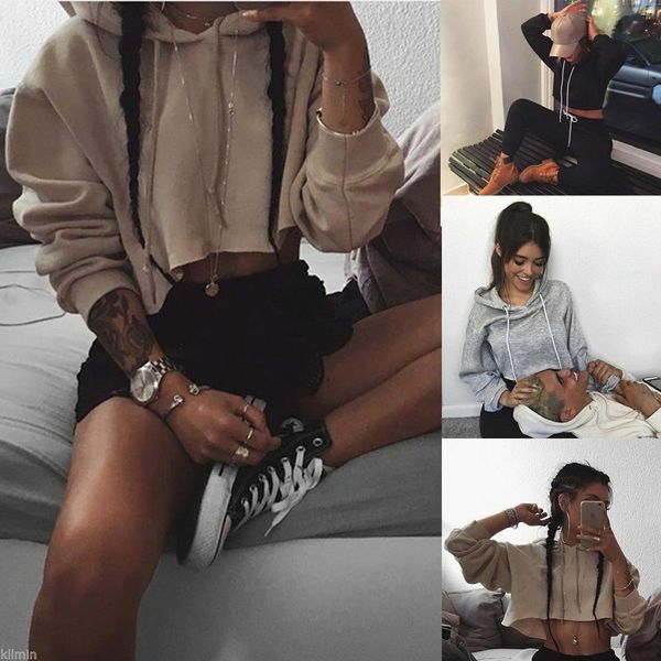

new women long sleeve hoodie loose pullover sweatshirt jumper workout crop, Black