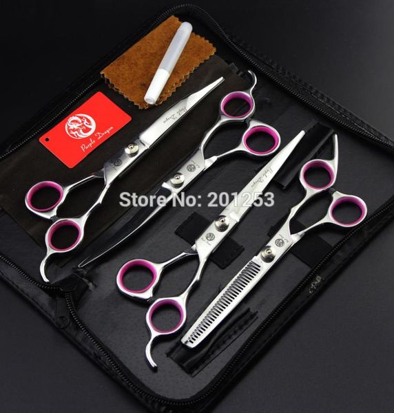 7.0inch 4 pcs / set JP440C Roxo Dragon Pet Grooming Tesoura Cão de Prata Tesouras Grande Reta Thinningcurved Scissors LZS0508