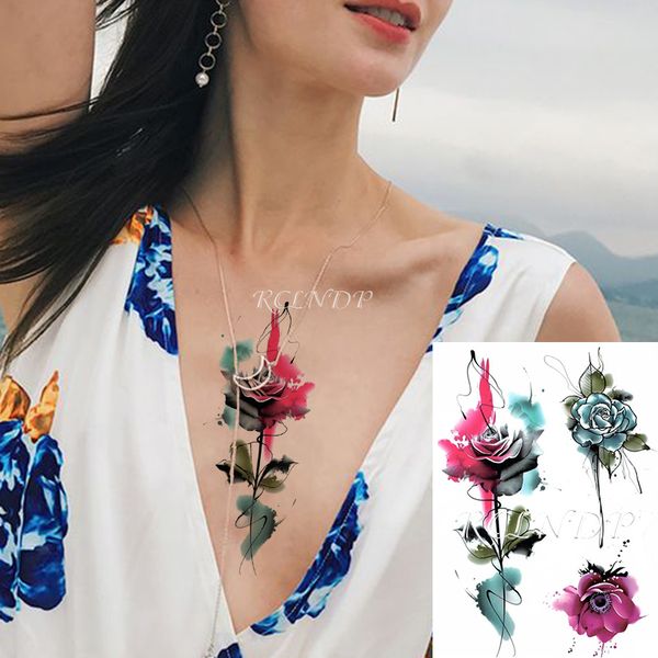 

waterproof temporary tattoo sticker color chinese water-ink rose flower fake tatto flash tatoo hand arm art for women men