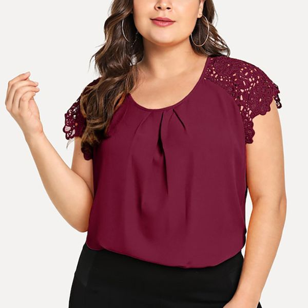 

women blouses chiffon plus size floral lace women short sleeve round neck summer large size grote maten dames kleding #10, White