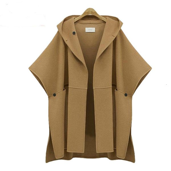 

ewq] hood wings sleeve wool women cape plus size coat wool batwing sleeve cloak red woolen coat 2019 autumn winter new ql074, Black