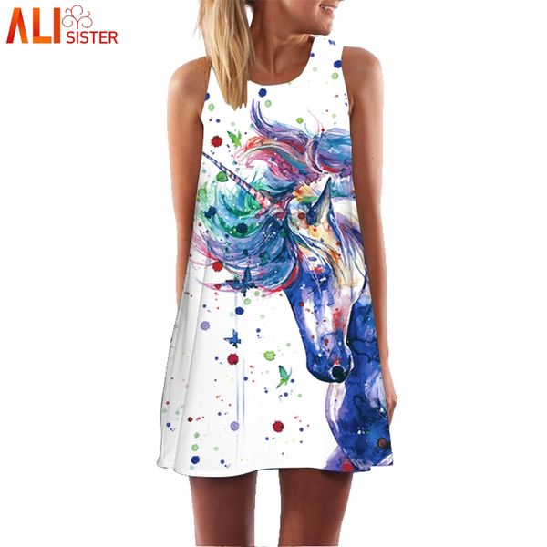 

alisister 3d unicorn print summer dress women bohemian beach dress summer sundresses female dresses dashiki hippie boho vestidos, Black;gray