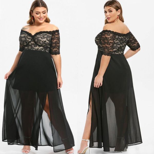

black lace plus size prom dresses off the shoulder short sleeves evening gowns a line ankle length chiffon side split formal dress