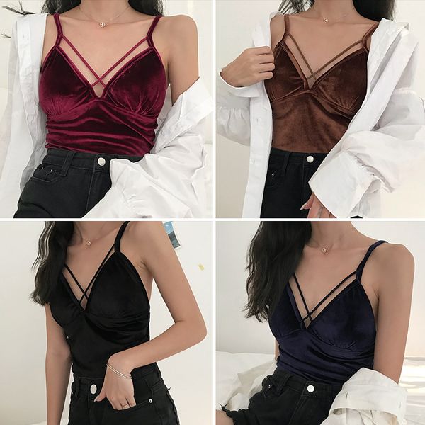 

camisole crop women camis hollow out halter velvet camis camisole 2019 summer sleeveless low chest womens clothing, White