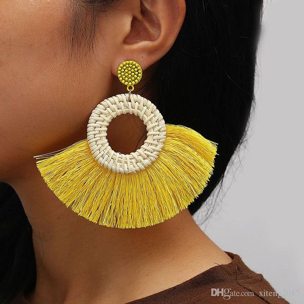 

boho circle fan tassel earrings - rattan weave, straw braid, dangle design for women's bohemian fashion, Silver