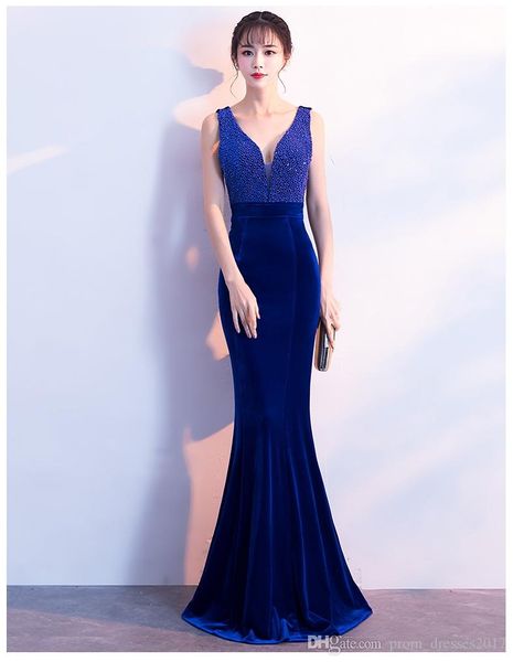 

fishtail red evening dresses comfortable noble wine velvet collar length v handmade pearl sapphire blue party prom dresses, Black;red
