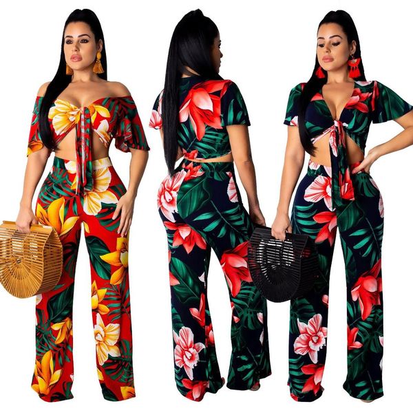 

women tracksuit floral print beach bohemian short sleeve v-neck tie up crop straigt pants suit 2pcs set outfit 2 color a8328, White