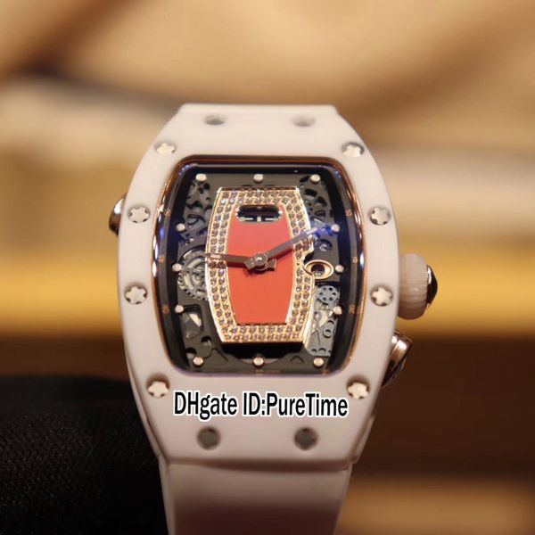 

new rm037 rm37 miyota automatic womens watch white ceramic rose gold diamond red skeleton dial big date ladies rubber watches puretime e76c3, Slivery;brown