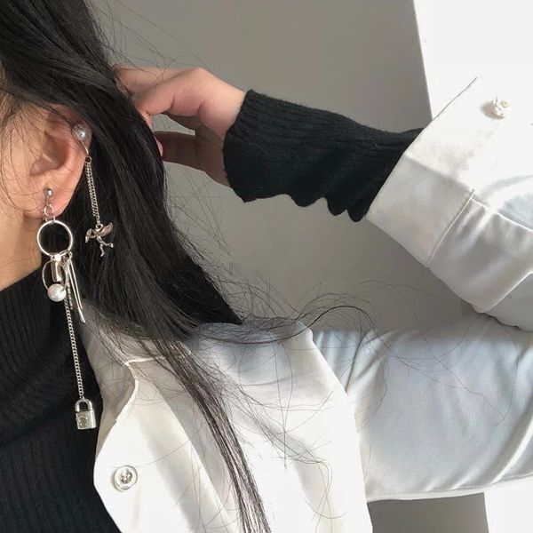 

cupid angle heart key lock asymmetric long chain geometry pendant metal tassel drop earring fashion jewelry exquisite earrings, Silver