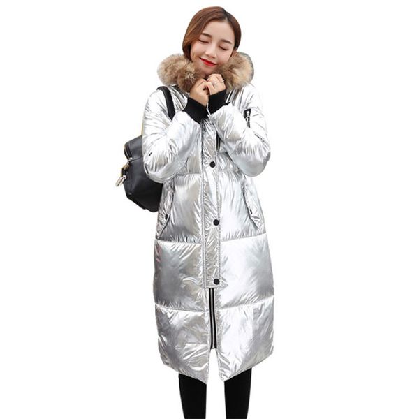 

2019 winter jacket women down cotton fur collar glossy bright long slim parka thick warm hooded jacket large size coat female, Black