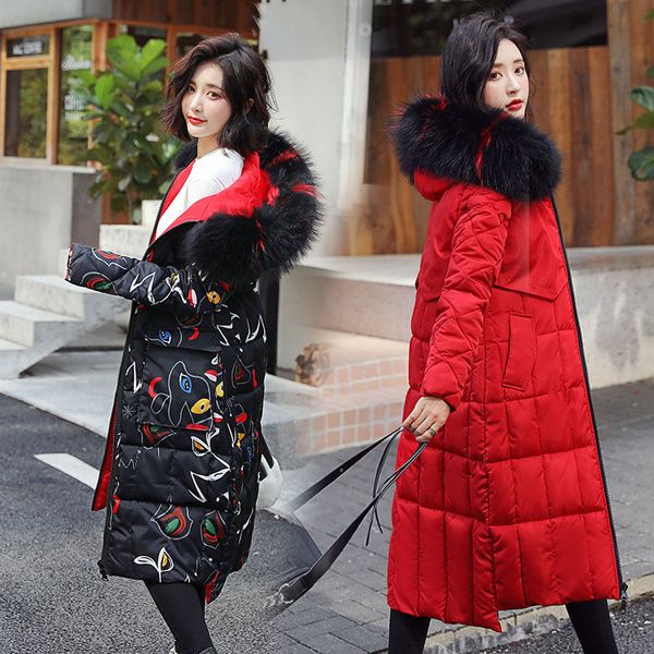 

faux fur hooded collar two sides wearing women parkas coat korean down cotton long sleeve ladies autumn winter jacket outerwear, Black