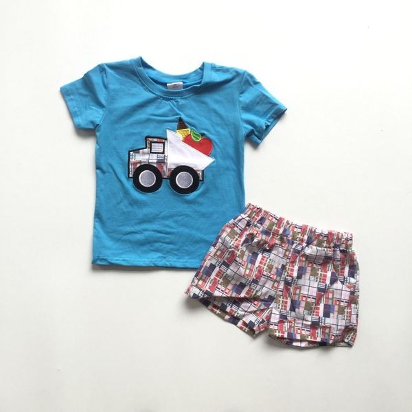 

baby boy back to school clothes summer outfit truck blue plaid shorts children boutique cotton clothes, White
