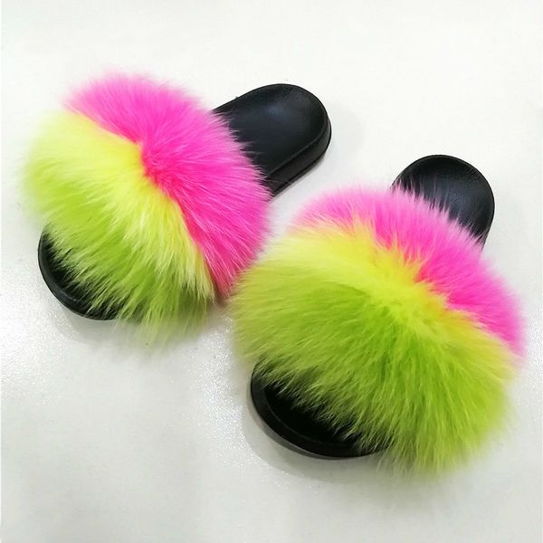 

натуральный лисий мех тапочки дамы милые настоящие лисий мех слайды женские тапочки домашние сандалии летние шлепанцы меховые слайды оптом, Black