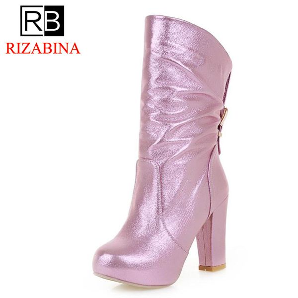 

rizabina size 34-43 5 colors women high heel boots women shoe metal buckle platform mid calf boots korans winter fur footwear, Black