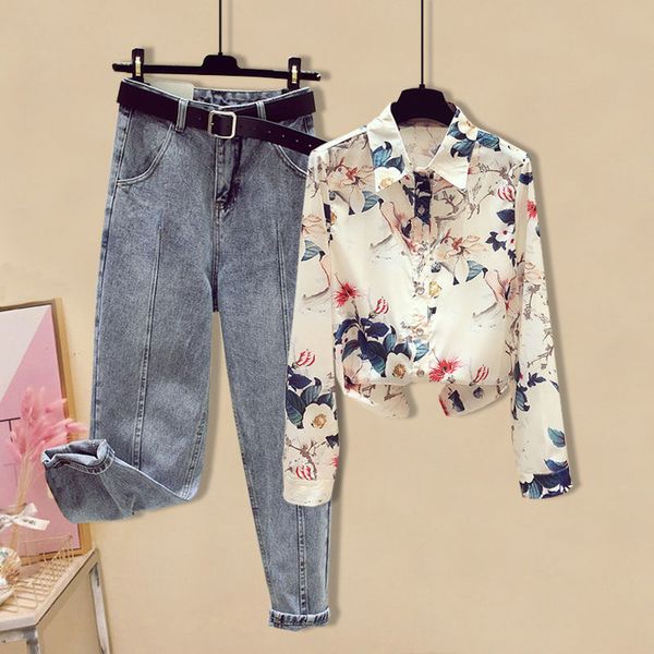 

women 2020 new spring autumn plus size print blouse shirt + denim pants two piece set female fashion casual jeans suit y382, White