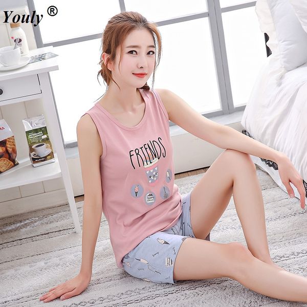 

striped print tank elastic waist shorts pajama set women sleeveless homewear preppy nightwear 2019 casual sleepwear outwear, Black;red