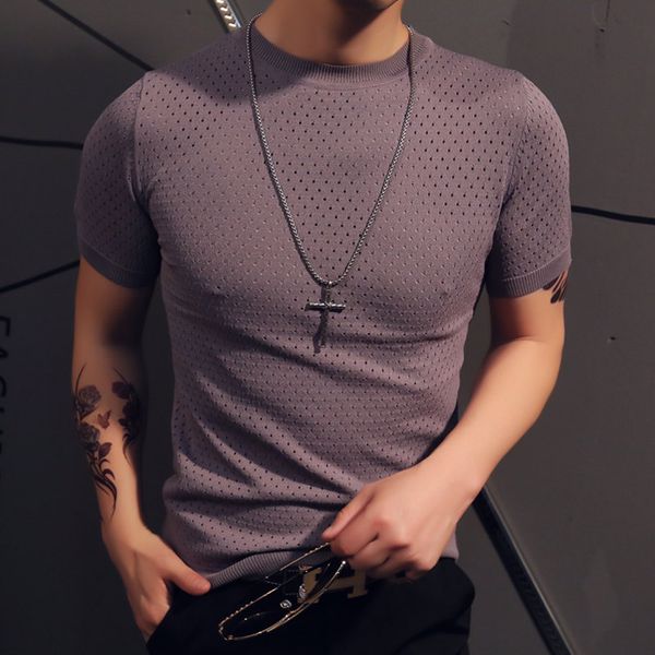

2019male pure cotton slim fit knit shirt/men summer ice silk round collar set head short sleeve knit sweaters s-3xl, White;black