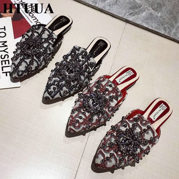 

htuua rivets rhinestone baroque pattern designer slippers women shoes pointed toe flat mules shoes woman slip on sliders sx3164, Black