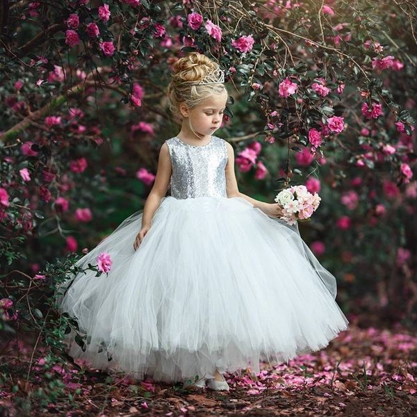 

puffy silver ball gown flower girl dresses for weddings jewel floor length sequined girls pageant dress child birthday party gowns 2019, White;blue